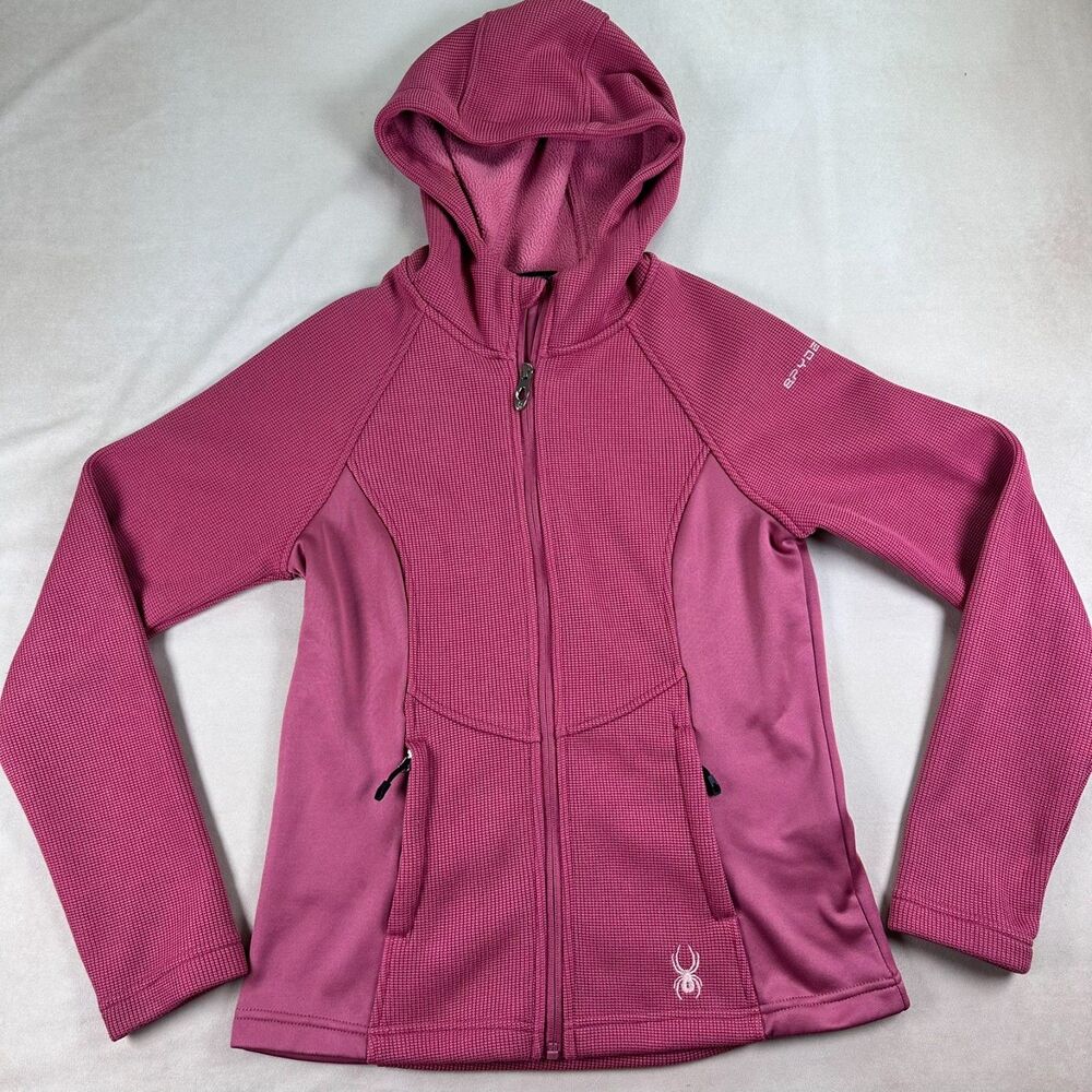 Spyder Womens Small Pink Hooded Full Zip Fleece Jacket Waffle Knit Ski Outdoor